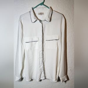 White Button-Up Blouse with Black Trim XL